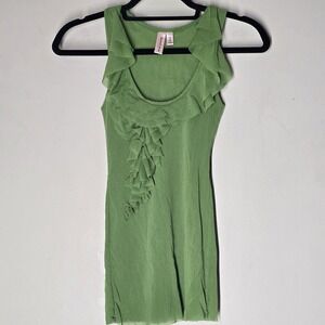 Vintage Y2K Sweet Pea Fairycore Sheer Mesh Ruffle Neck Tank Top Romantic Sz S